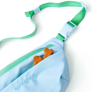 Light blue Springland fanny pack with green strap, dog treats peeking out of front pocket